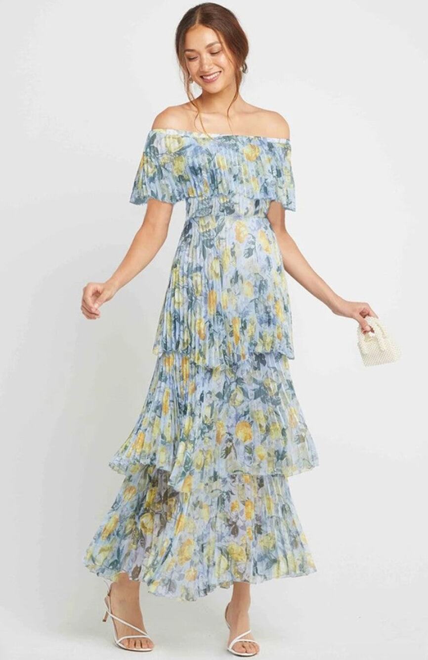 O.P.T. Malo Floral Pleated Tiered Off the Shoulder Dress - M